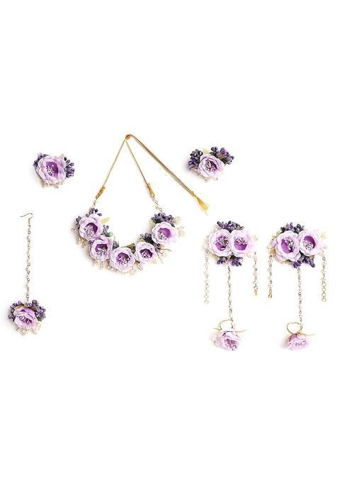 Zulka Rose Flower Jewellery Set for Bridal Women and Girls with White Moti Pearls