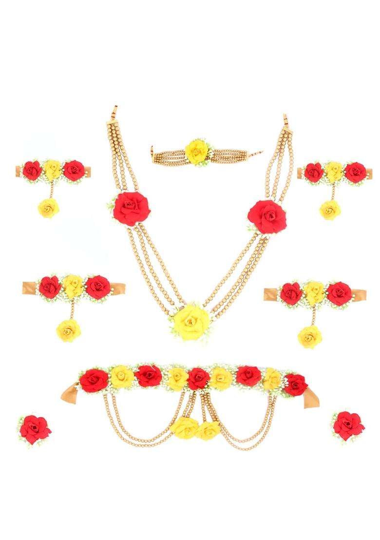 Anuradha Plus Beautiful Red and Yellow Colour Bridal Flower Jewellery Set for Haldi Gota Patti Necklace - Indya