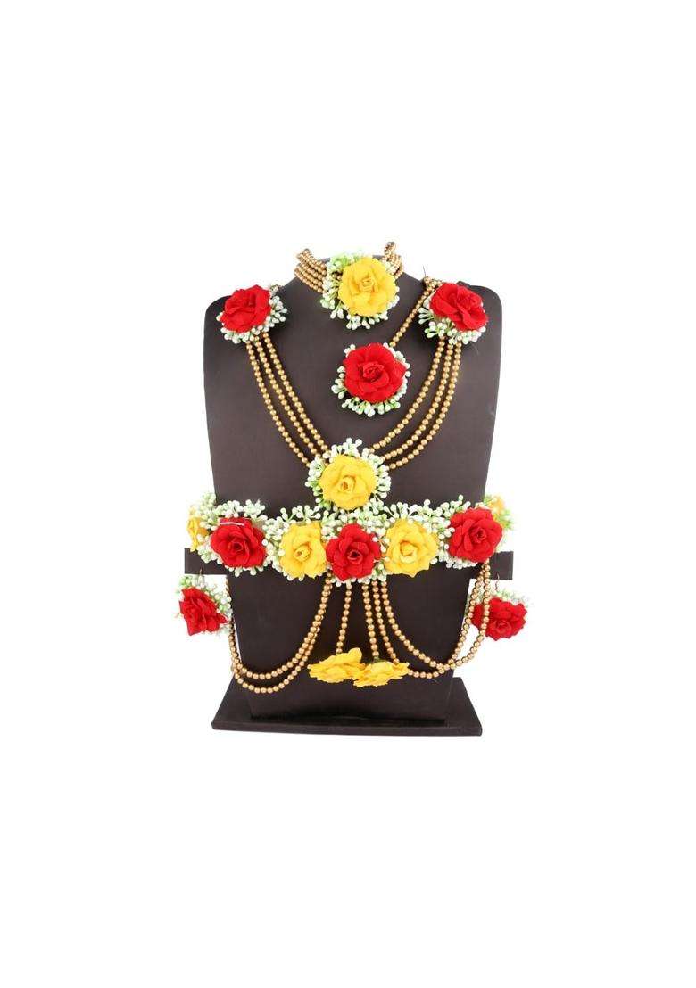 Anuradha Plus Beautiful Red and Yellow Colour Bridal Flower Jewellery Set for Haldi Gota Patti Necklace - Indya