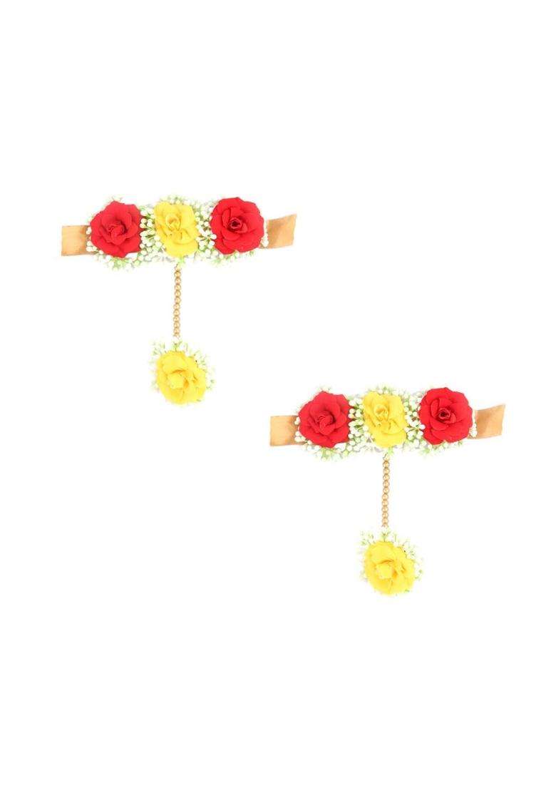 Anuradha Plus Beautiful Red and Yellow Colour Bridal Flower Jewellery Set for Haldi Gota Patti Necklace - Indya