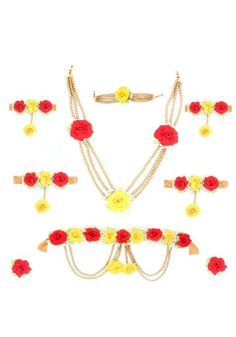 Anuradha Plus Beautiful Red and Yellow Colour Bridal Flower Jewellery Set for Haldi Gota Patti Necklace