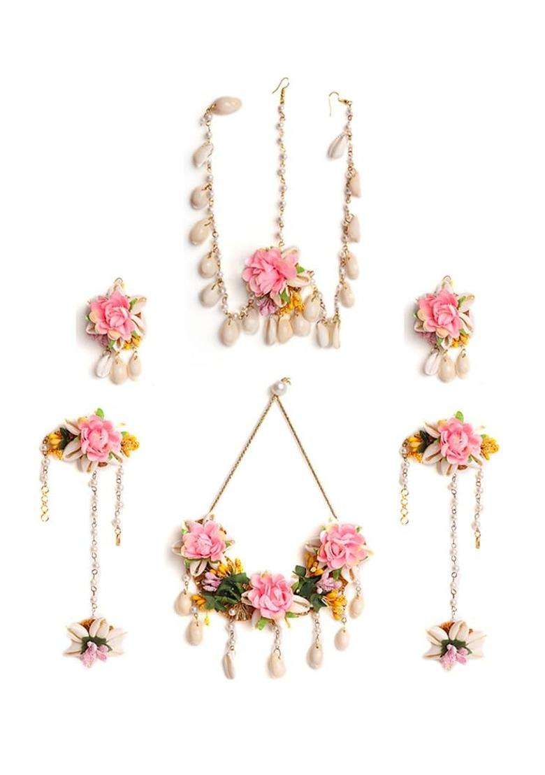 Zulka Beautiful Pink Rose Flower Jewellery Set for Bridal Women and Girls with Kaudi Shell and White Moti - Indya