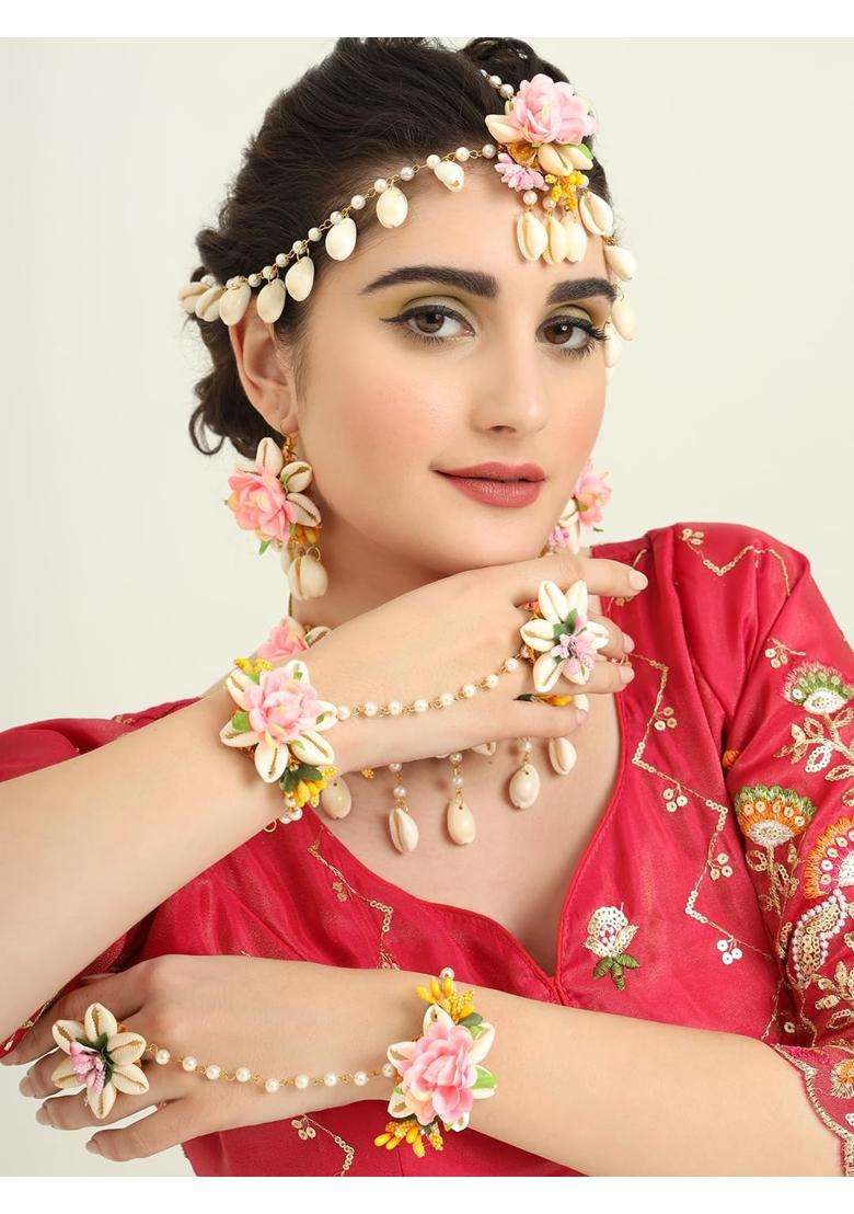 Zulka Beautiful Pink Rose Flower Jewellery Set for Bridal Women and Girls with Kaudi Shell and White Moti - Indya