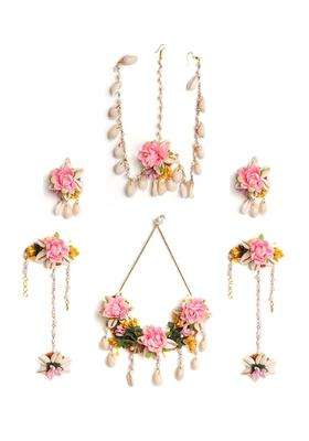 NMII Beautiful Pink Rose Flower Jewellery Set for Bridal Women and Girls with Kaudi Shell and White Moti