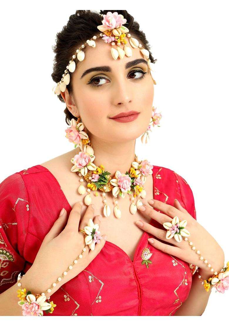 NMII Beautiful Pink Rose Flower Jewellery Set for Bridal Women and Girls with Kaudi Shell and White Moti - Indya