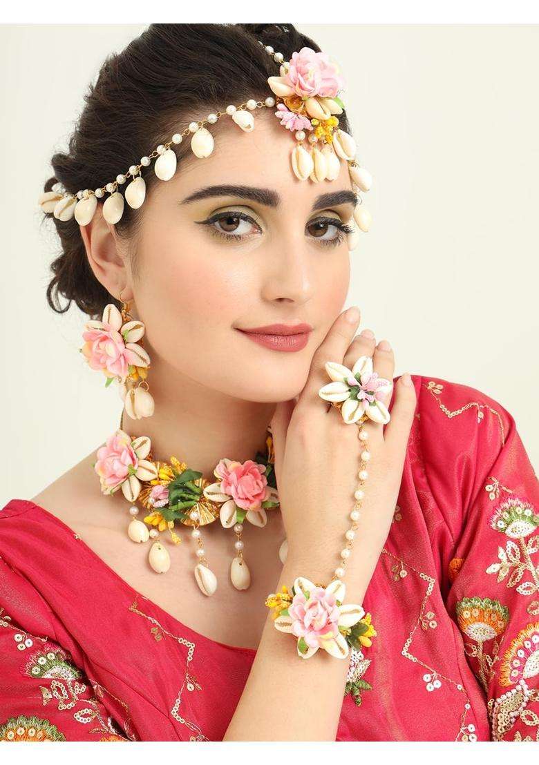 NMII Beautiful Pink Rose Flower Jewellery Set for Bridal Women and Girls with Kaudi Shell and White Moti - Indya