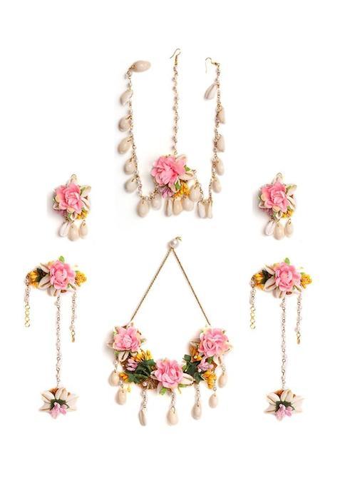 NMII Beautiful Pink Rose Flower Jewellery Set for Bridal Women and Girls with Kaudi Shell and White Moti