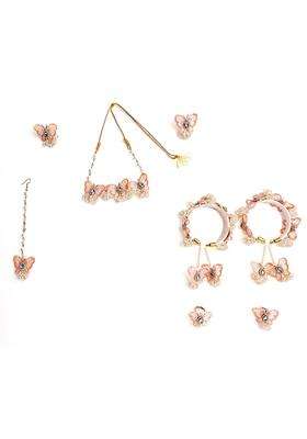 NMII Peach Butterfly Flower Jewellery Set for Bridal Women and Girls with Moti and Zircon Stones