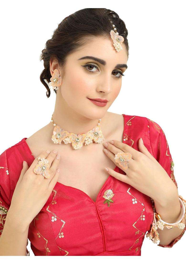 NMII Peach Butterfly Flower Jewellery Set for Bridal Women and Girls with Moti and Zircon Stones - Indya