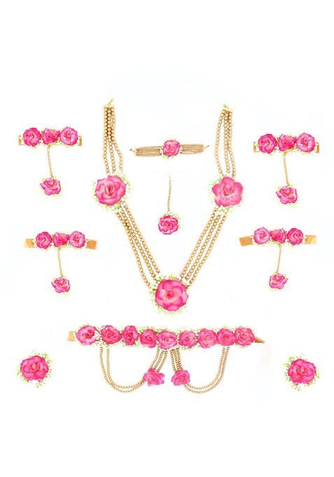 Anuradha Plus Unique Baby Pink Colour Bridal Flower Jewellery Set for Haldi Gota Patti Necklace Earrings