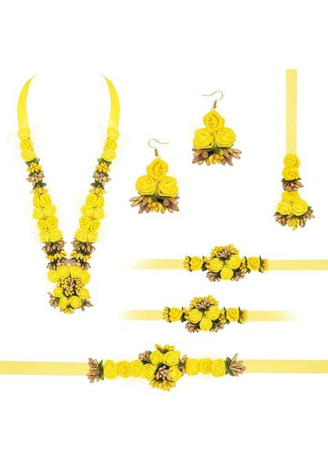 Trishika Creation Modern Yellow and Green Single Layered Flower Necklace Set for Haldi and Baby Shower