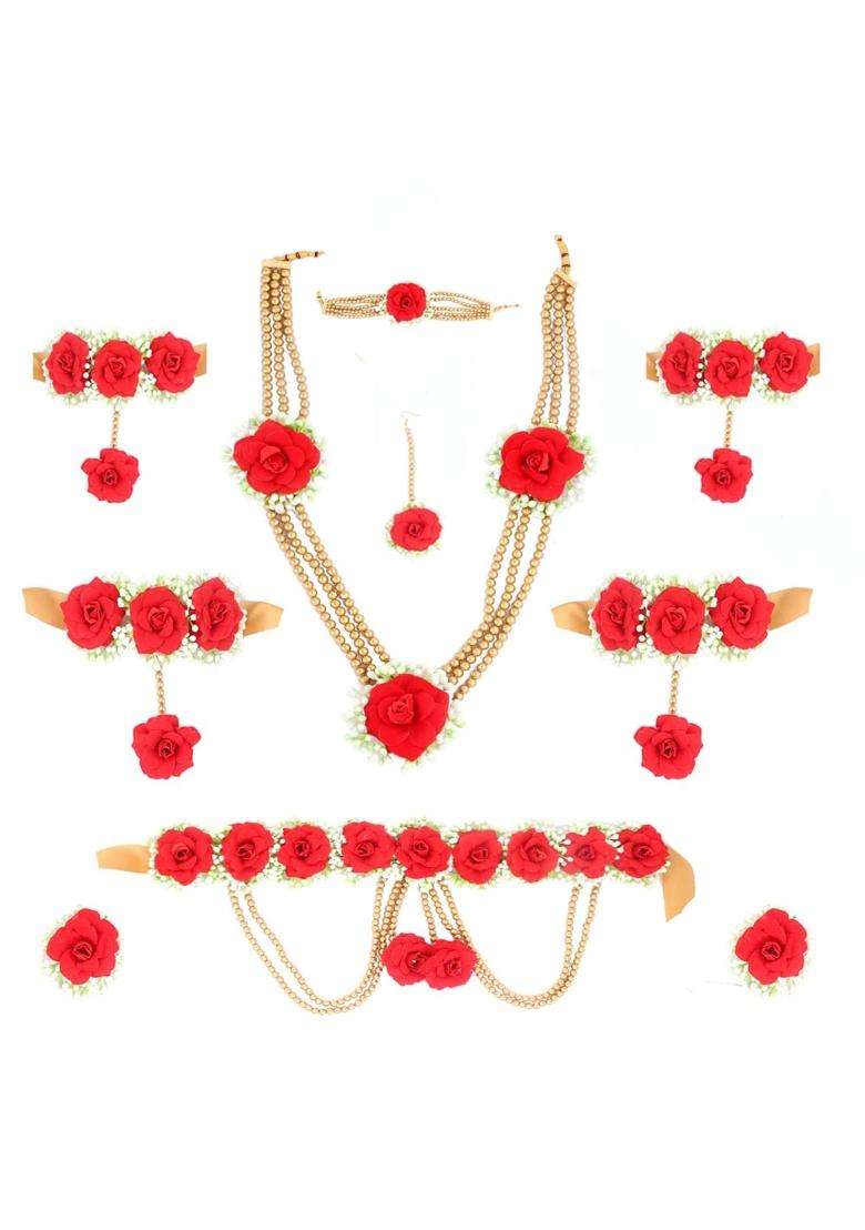 Anuradha Plus Elegant Red Colour Bridal Flower Jewellery Set for Haldi Gota Patti Necklace Earrings - Indya