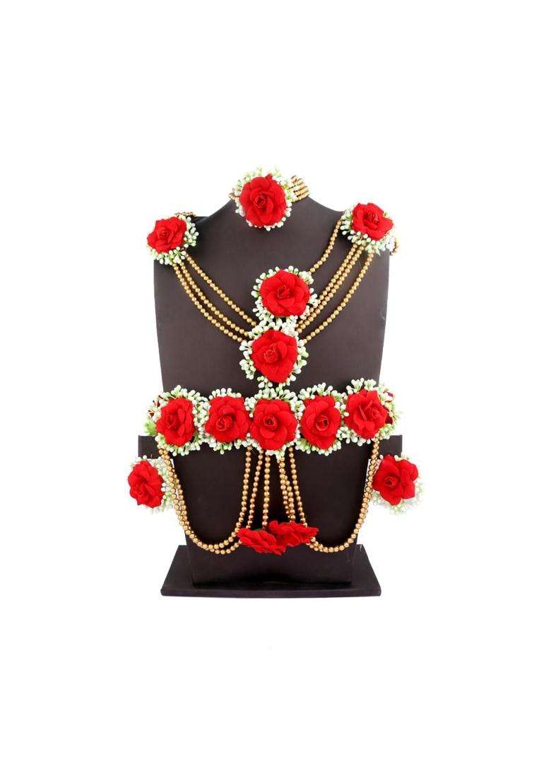 Anuradha Plus Elegant Red Colour Bridal Flower Jewellery Set for Haldi Gota Patti Necklace Earrings - Indya