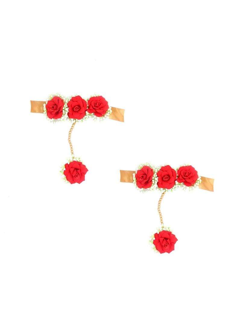 Anuradha Plus Elegant Red Colour Bridal Flower Jewellery Set for Haldi Gota Patti Necklace Earrings - Indya