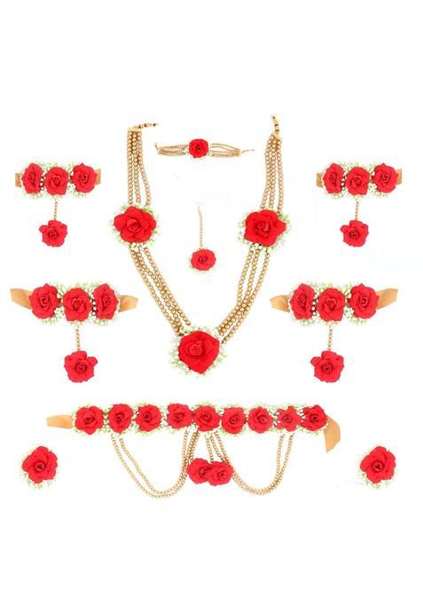 Anuradha Plus Elegant Red Colour Bridal Flower Jewellery Set for Haldi Gota Patti Necklace Earrings