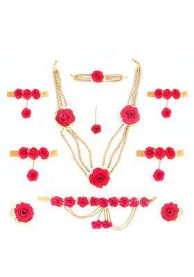 Anuradha Plus Latest Pink Colour Bridal Flower Jewellery Set for Haldi Gota Patti Necklace Earrings
