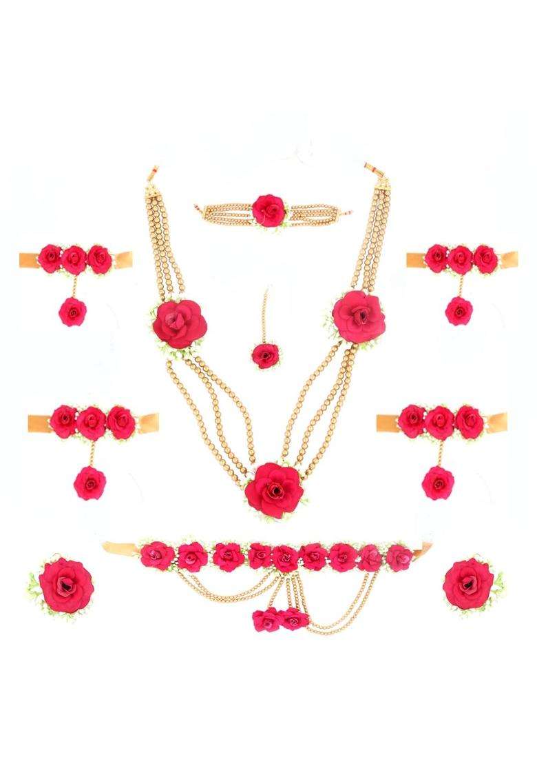 Anuradha Plus Latest Pink Colour Bridal Flower Jewellery Set for Haldi Gota Patti Necklace Earrings - Indya