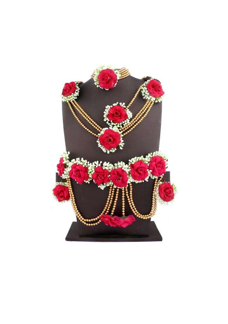 Anuradha Plus Latest Pink Colour Bridal Flower Jewellery Set for Haldi Gota Patti Necklace Earrings - Indya