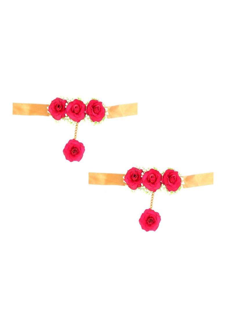 Anuradha Plus Latest Pink Colour Bridal Flower Jewellery Set for Haldi Gota Patti Necklace Earrings - Indya