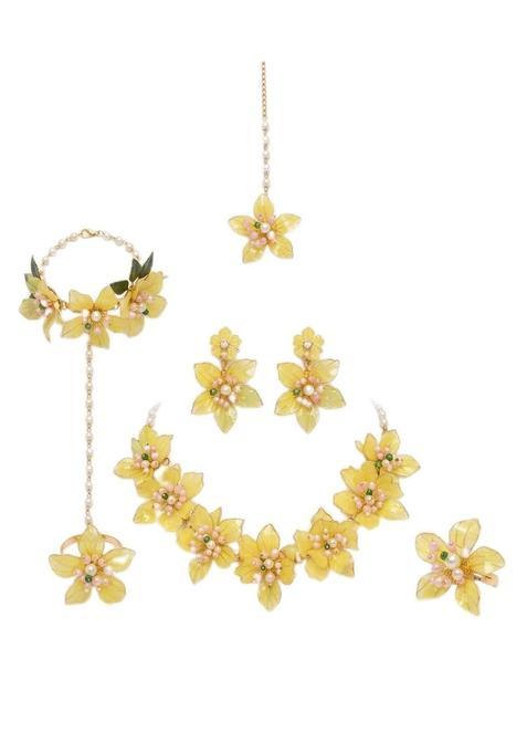 Attaire Street with AR Yellow Floral Haldi Bridal Jewelry Set with Pearls