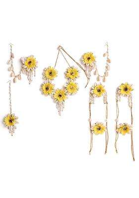 Zulka Yellow Flower Bridal Jewellery Set for Women and Girls Stylish with Kaudi Shells and Pearls Work
