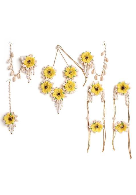 Zulka Yellow Flower Bridal Jewellery Set for Women and Girls Stylish with Kaudi Shells and Pearls Work