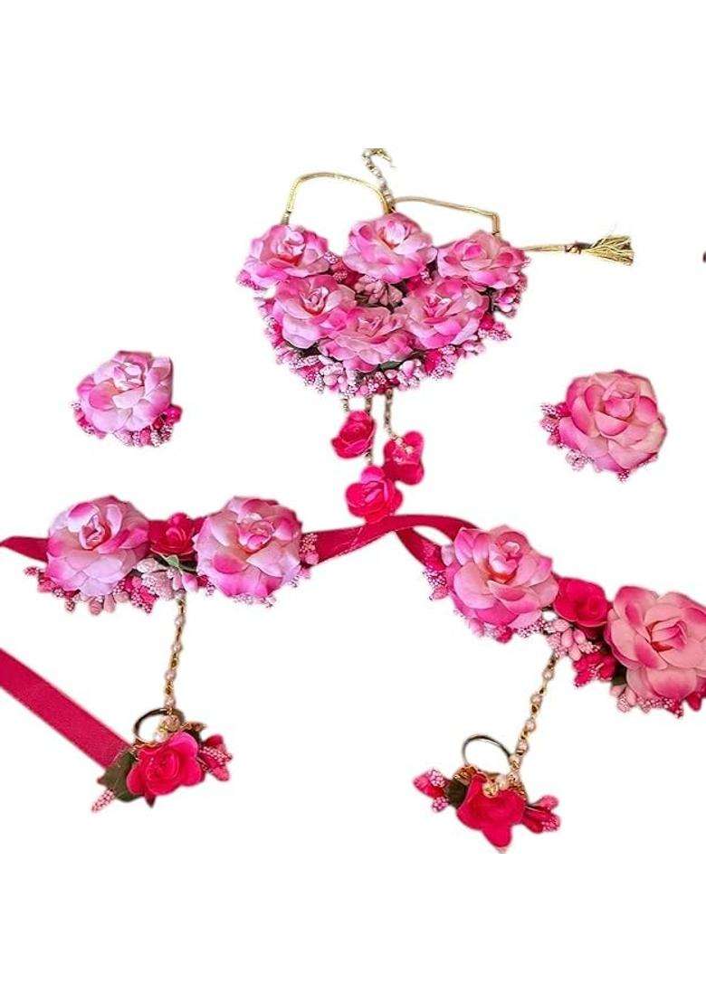 Haldi Mehandi Jewellery Set for Girls and Women Pink Floral Jewellery Set for Haldi Mehndi Sangeet Godbharari - Indya
