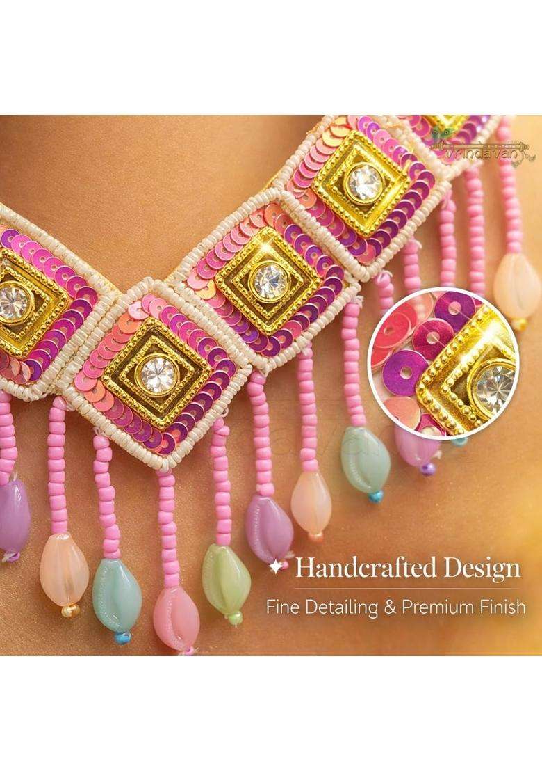 Vrindavanstore Pink Handmade Style Necklace Earrings with Maang Tikka Jewelry Set - Indya
