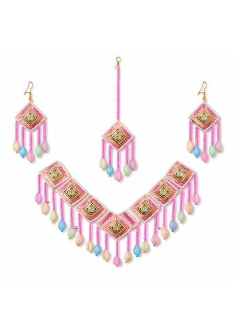Vrindavanstore Pink Handmade Style Necklace Earrings with Maang Tikka Jewelry Set