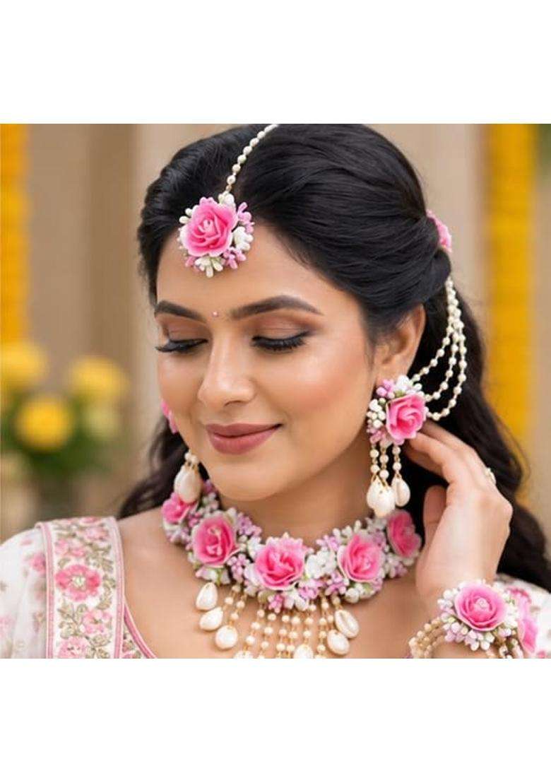 Floral Jewellery Set with Necklace Earrings Maang Tikka and Bracelet - Indya