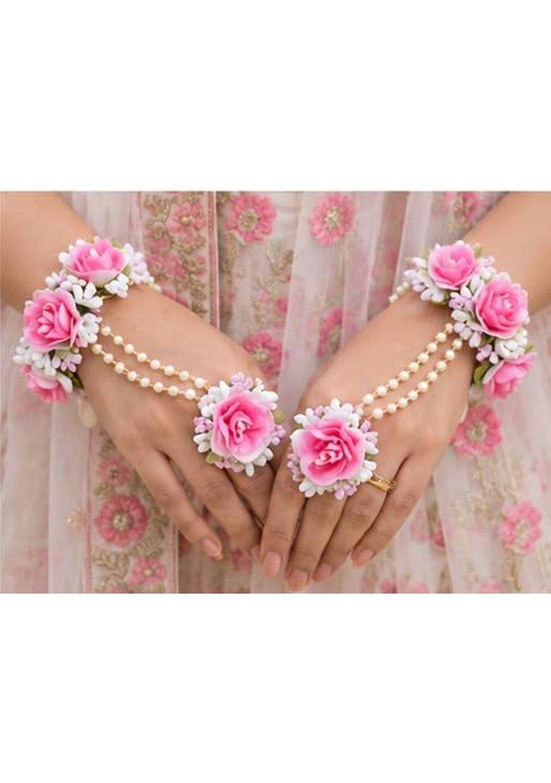 Floral Jewellery Set with Necklace Earrings Maang Tikka and Bracelet - Indya