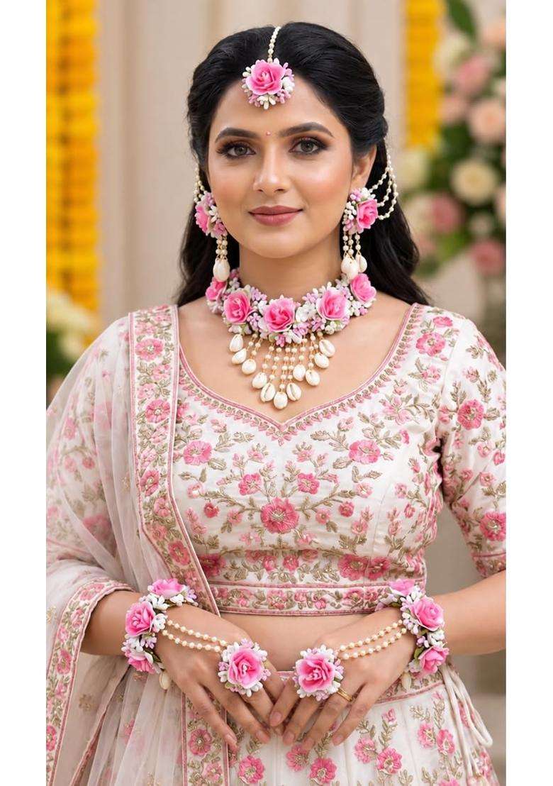 Floral Jewellery Set with Necklace Earrings Maang Tikka and Bracelet - Indya
