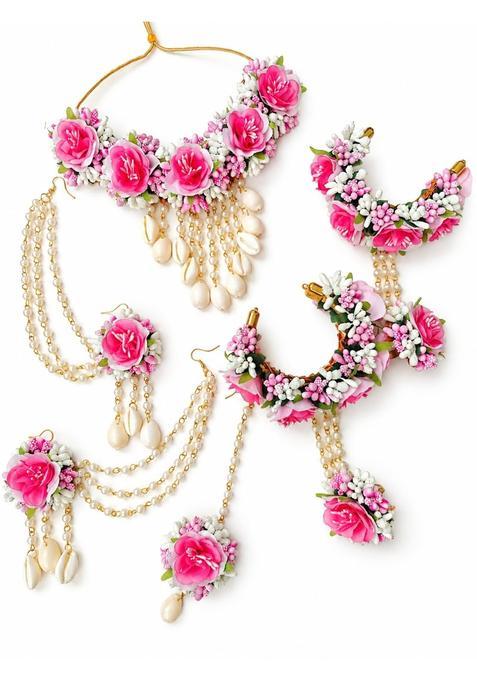 Floral Jewellery Set with Necklace Earrings Maang Tikka and Bracelet