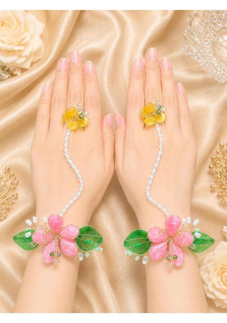 Afreeja Haldi Floral Jewellery Set Necklace Earrings Haath Phool - Indya