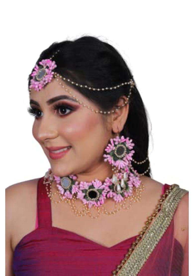 Saumakshi Designs Beautiful Flower Jewellery Set for Women Light Pink - Indya