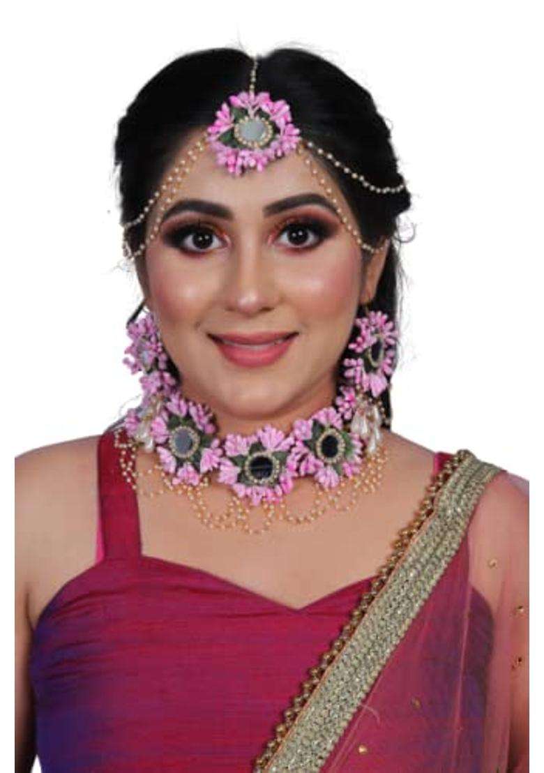 Saumakshi Designs Beautiful Flower Jewellery Set for Women Light Pink - Indya