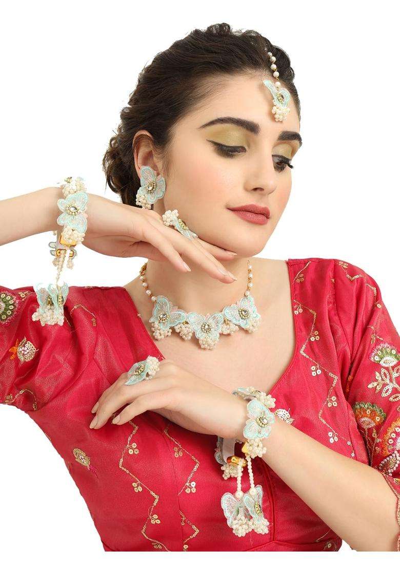 Zulka Butterfly Flower Jewellery Set for Bridal Women and Girls with Moti and Zircon Stones - Indya