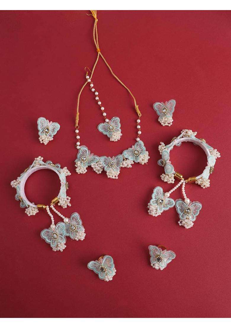 Zulka Butterfly Flower Jewellery Set for Bridal Women and Girls with Moti and Zircon Stones - Indya