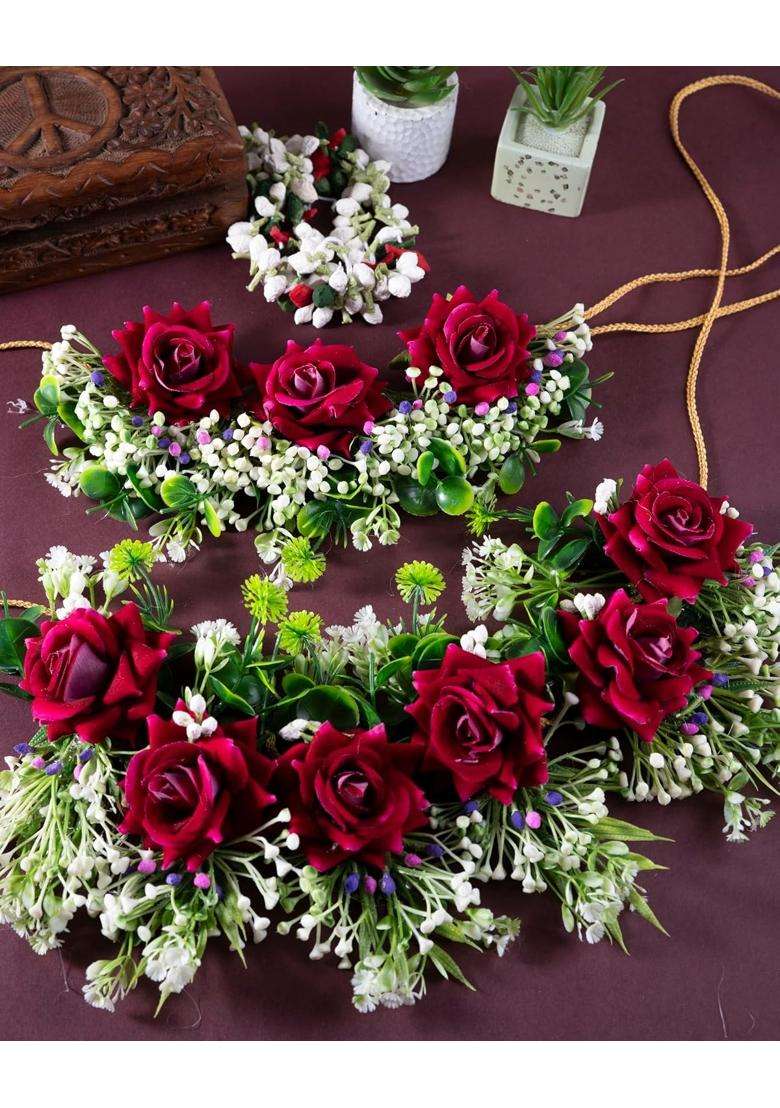 Prafullit Floral Jewellery Set Red Rose Haar Maang Tikka Earrings Bangles Haathphool Garland - Indya