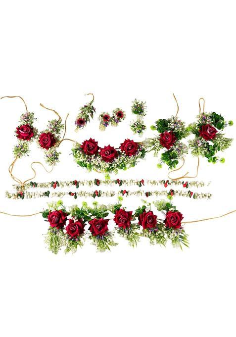 Prafullit Floral Jewellery Set Red Rose Haar Maang Tikka Earrings Bangles Haathphool Garland