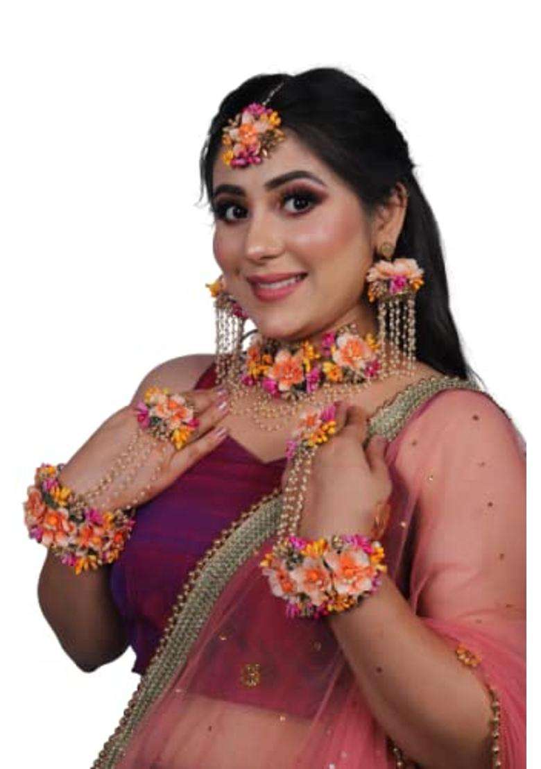 Saumakshi Designs Beautiful Flower Jewellery Set for Women Orange - Indya