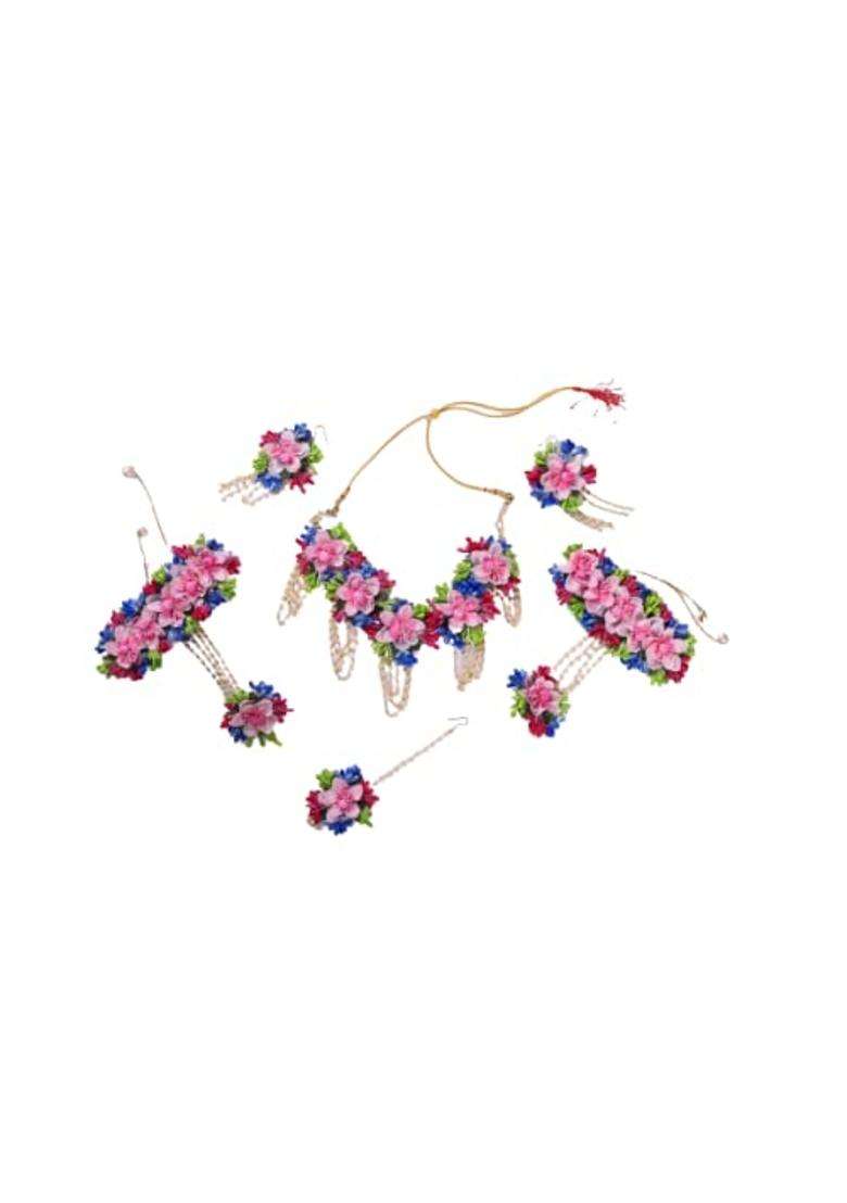 Saumakshi Designs Beautiful Flower Jewellery Set for Women Pink Plus Blue - Indya