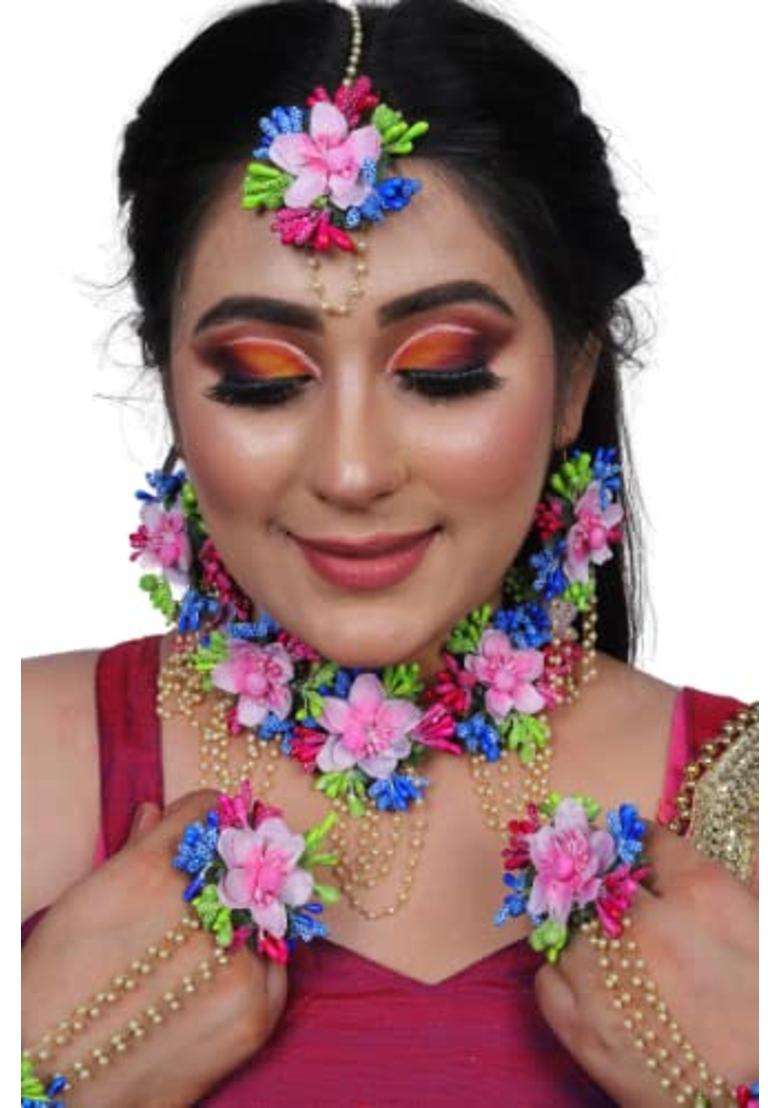 Saumakshi Designs Beautiful Flower Jewellery Set for Women Pink Plus Blue - Indya