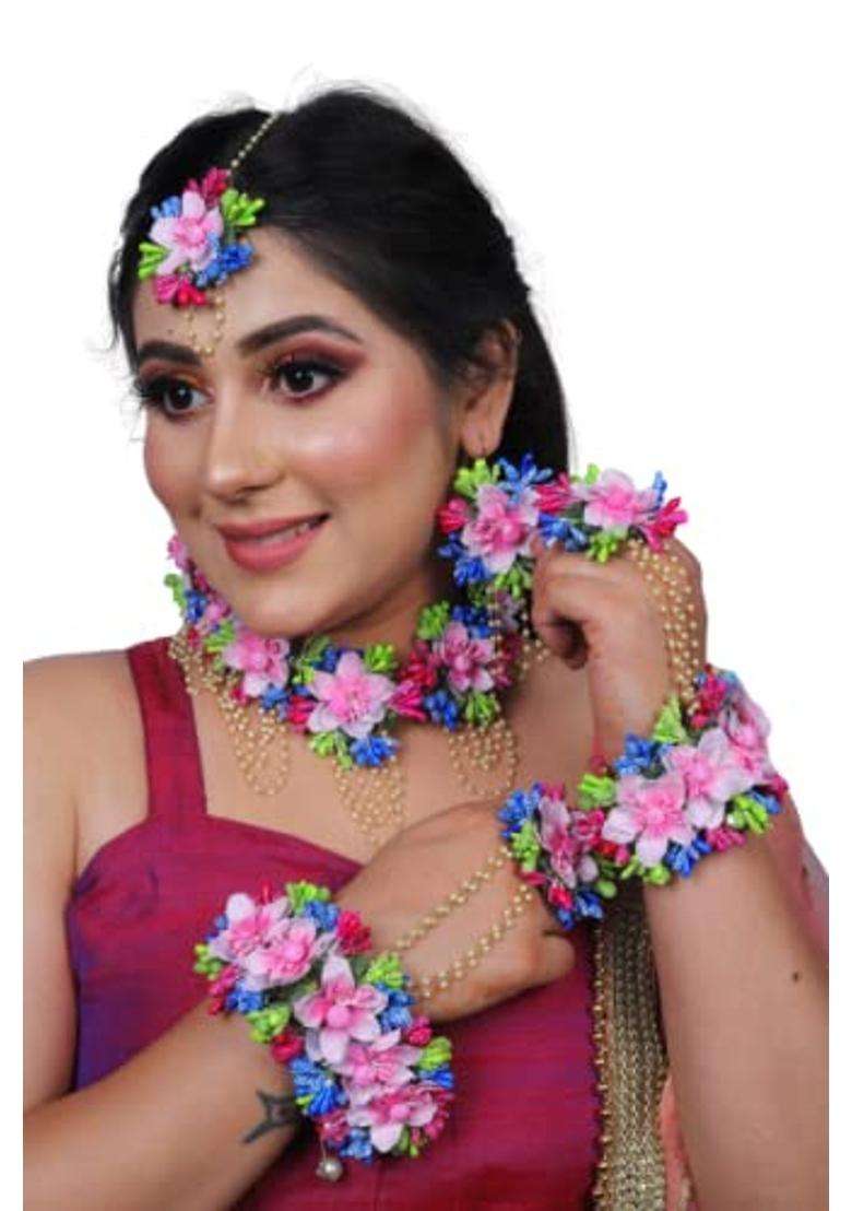 Saumakshi Designs Beautiful Flower Jewellery Set for Women Pink Plus Blue - Indya
