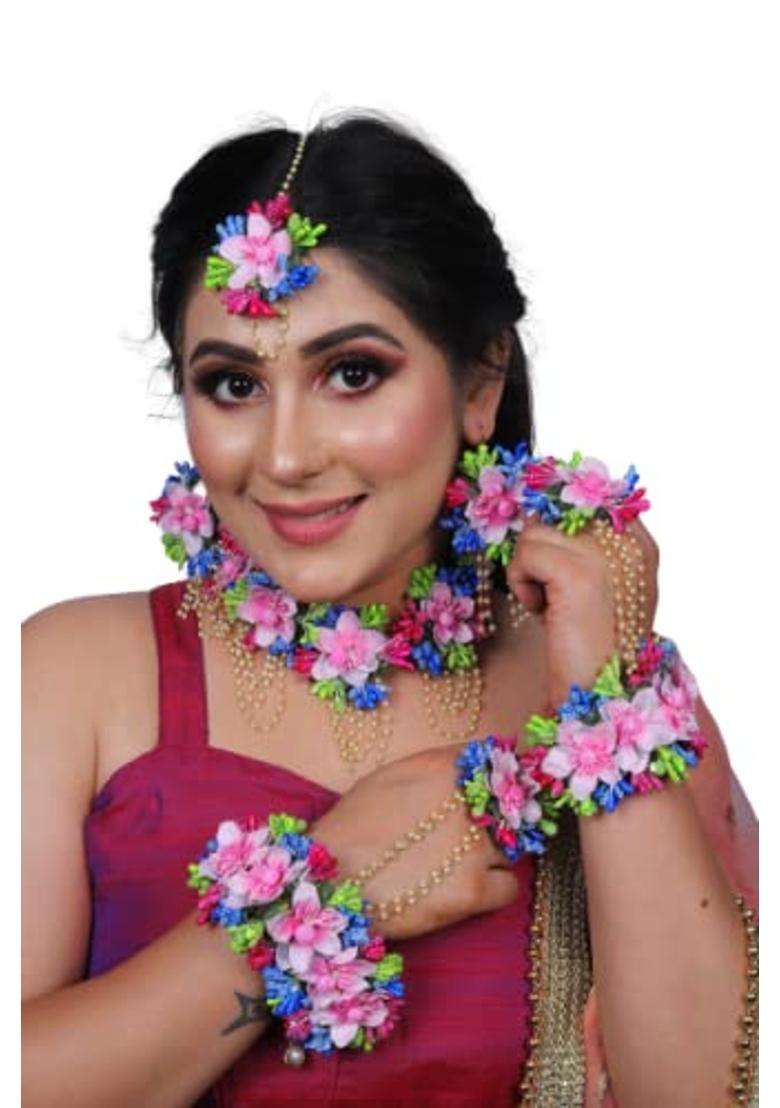 Saumakshi Designs Beautiful Flower Jewellery Set for Women Pink Plus Blue - Indya