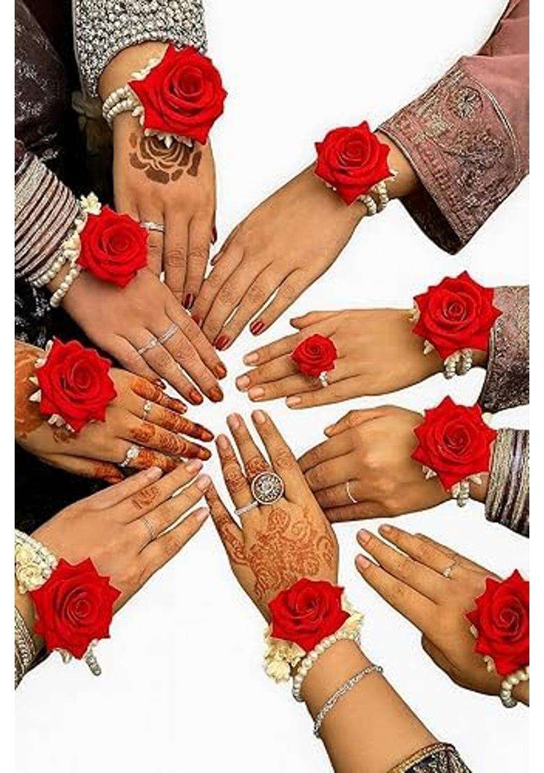 Radharamana Store Artificial Red Rose Pearl Bracelet Set for Women - Indya