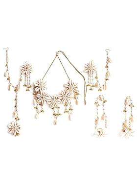 Zulka Traditional Kaudi Sea Shell Golden Bells and White Moti Pearls Jewellery Set for Bridal Women and Girls