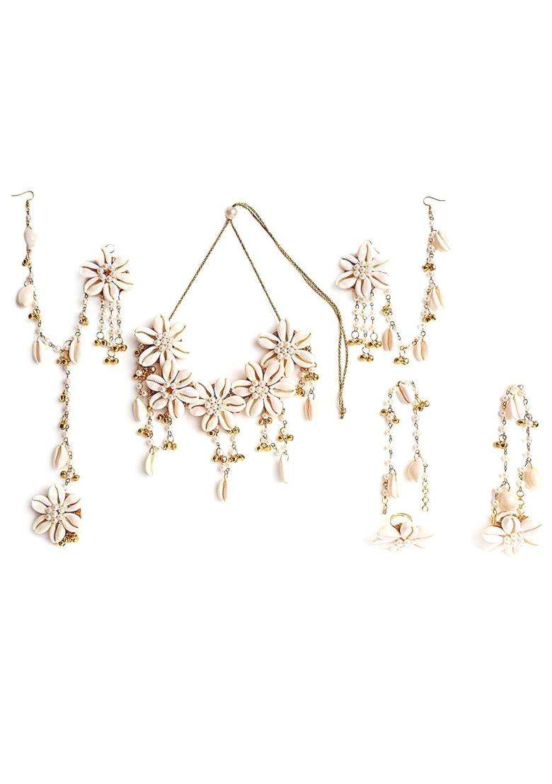 Zulka Traditional Kaudi Sea Shell Golden Bells and White Moti Pearls Jewellery Set for Bridal Women and Girls - Indya