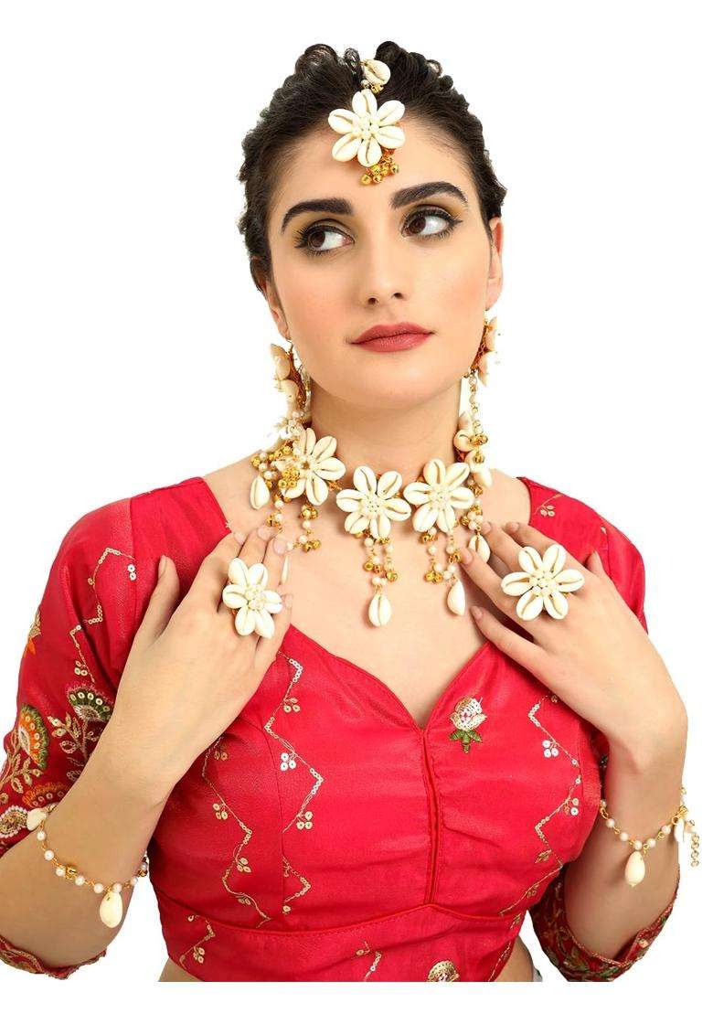 Zulka Traditional Kaudi Sea Shell Golden Bells and White Moti Pearls Jewellery Set for Bridal Women and Girls - Indya