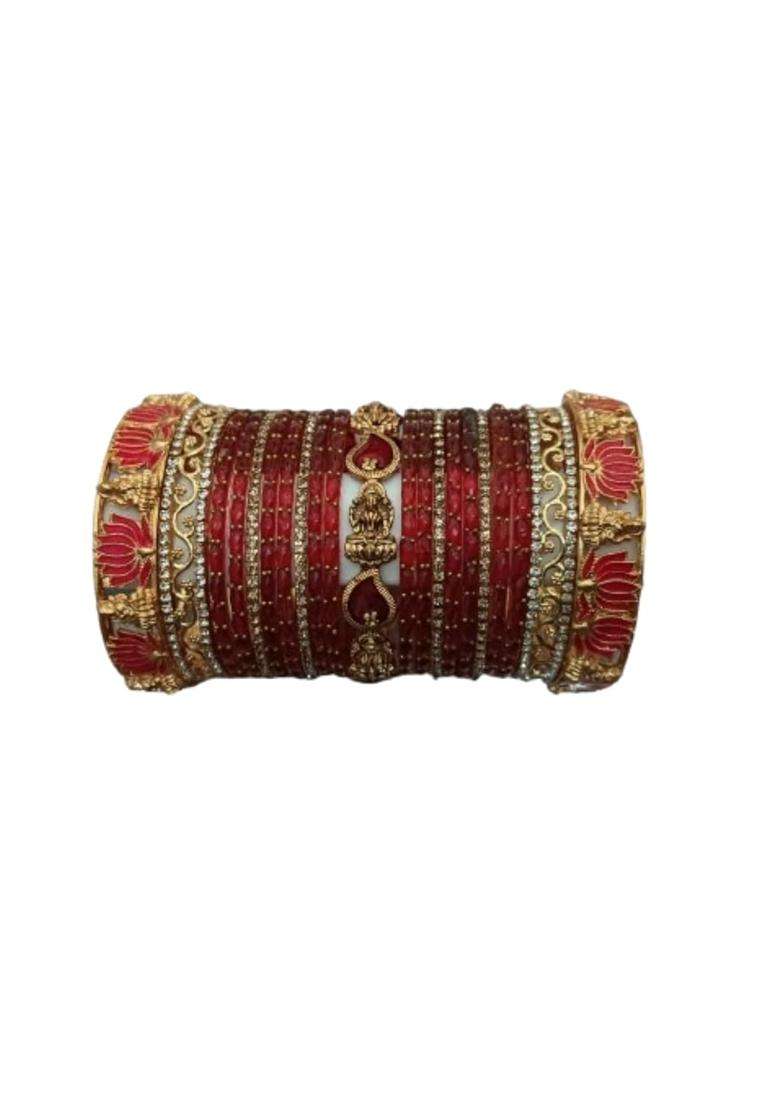 Valaivi Premium Bridal Wedding Bangle Set Red Imitation and Raindrop Glass Bangles - Indya